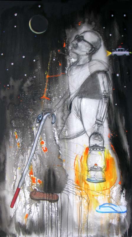 Blind man walking with lantern